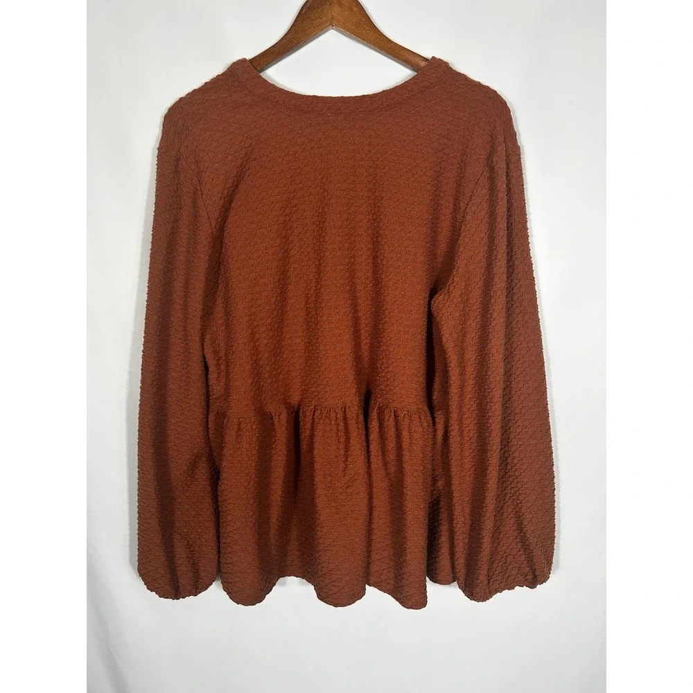 Y2K Babydoll Tunic Top Size XL Boho Peasant Puff Sleeve Burnt Orange Waffle Knit